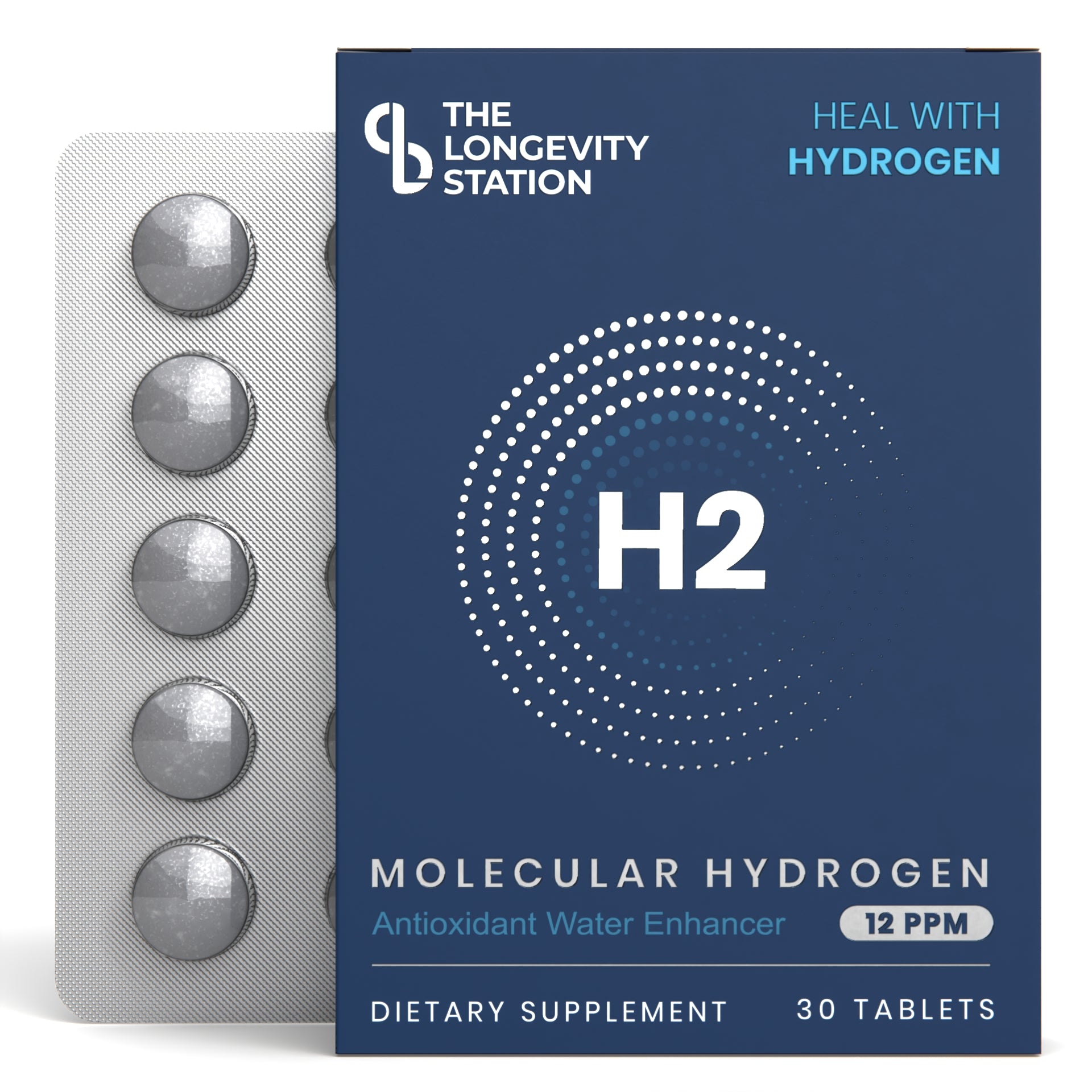 Dietary supplement packaging with 'The Longevity Station' branding and molecular hydrogen content.